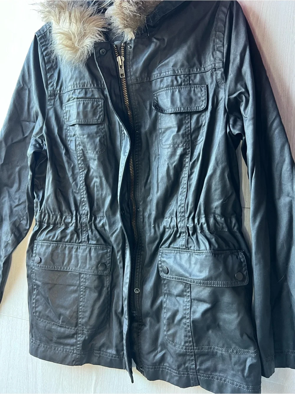 Caslon Black Faux Leather Utility Jacket with Faux Fur Hood Trim